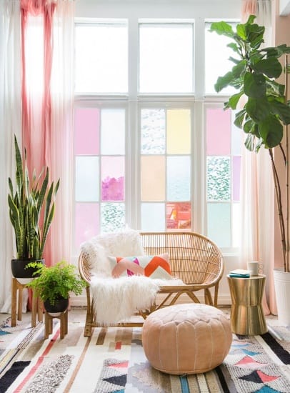 Gila DIY Window Film Happy Bright Pastel Emily Henderson Bamboo Seating Area 1